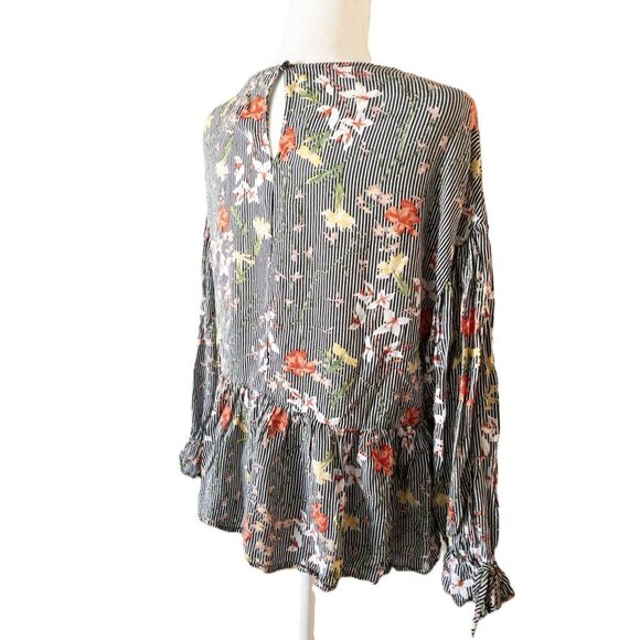 Pleione Floral Striped Long-Sleeve Peplum Blouse With Keyhole Back Detail SZ M - Picture 5 of 11